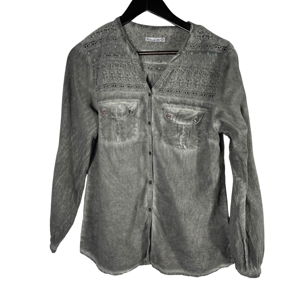 Amanda Blu Gray Lace Yoke Button Front Shirt Women's 100% Cotton Long Sleeve S